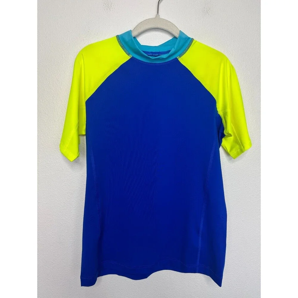 Lands End Boys XL Husky Rash Guard Blue Green Colorblock Crewneck UPF 50 Stretch